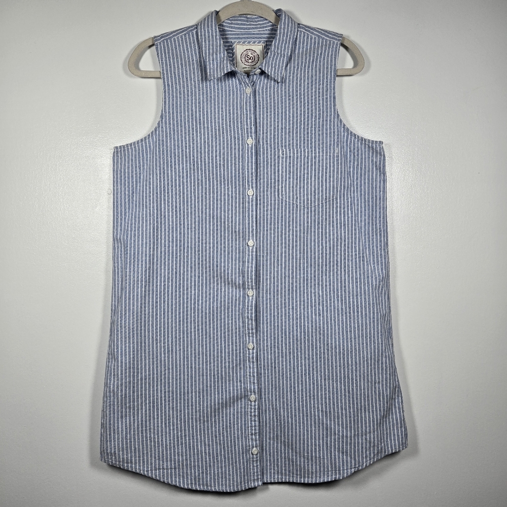 SO Blue White Stripe Cotton Oxford Sleeveless Collar Button Down Shirt Dress XL